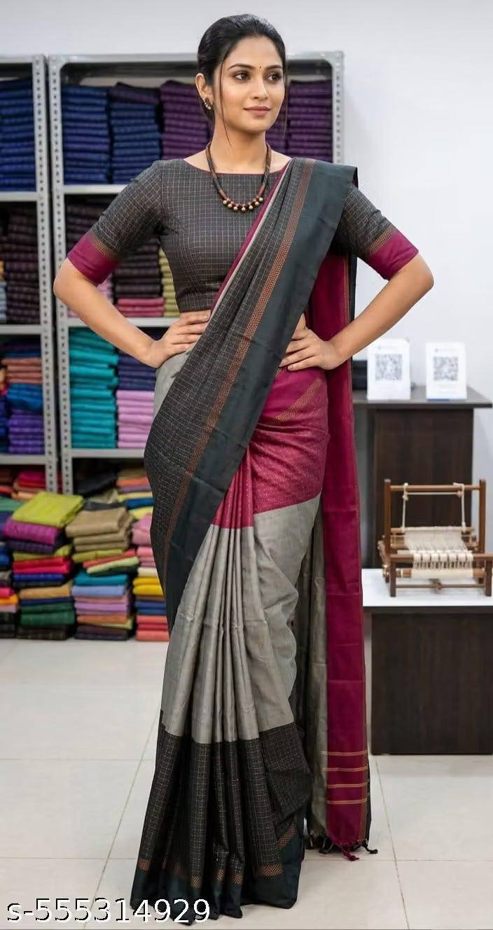 COFFEE BROWN RICH MAGENTA AND LIGHT ASH COLOR AARANI TRIPLE COLOR SILK SAREE