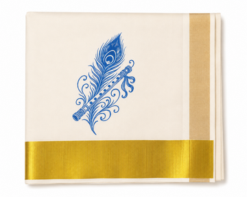 kerala kasavu saree with blue color peacock feather printed designs