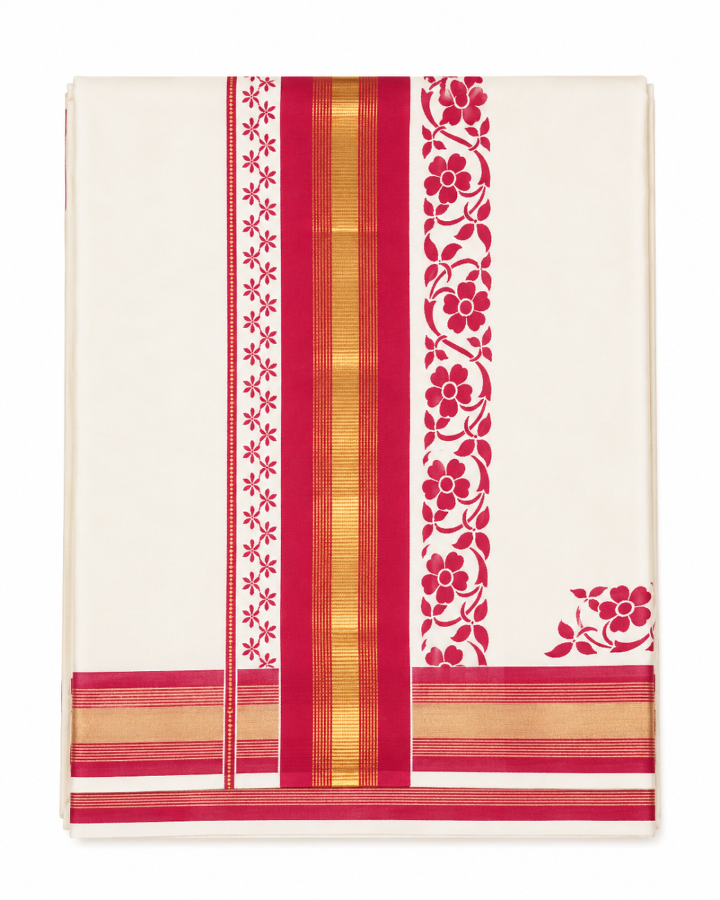 kerala kasavu saree with magenta color floral printed design