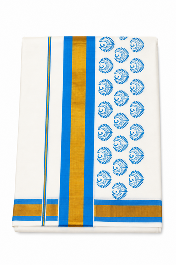kerala kasavu saree with blue color printed saree