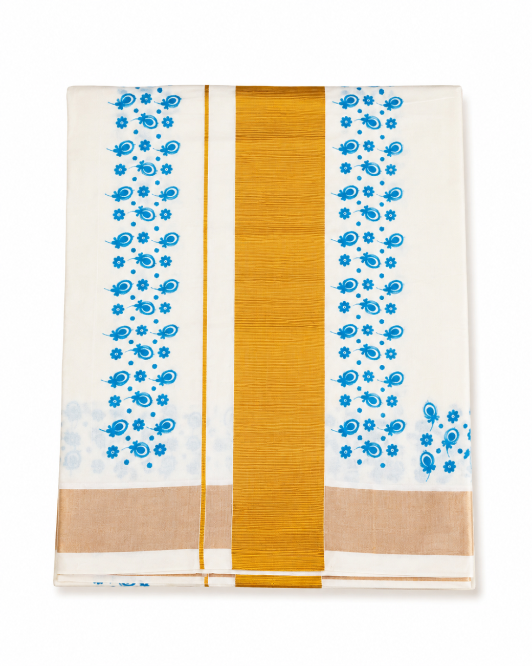 kerala kasavu saree with sky blue color floral print designs
