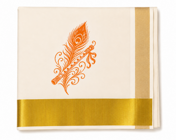 kerala kasavu saree with orange color peacock and flute print design