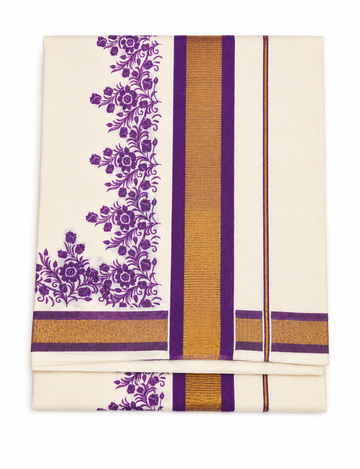kerala kasavu saree with violet color floral print designs