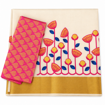Kerala kasavu tissue saree with magenta floral embroidery design