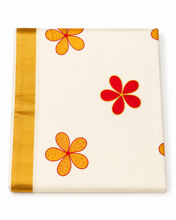 Kerala Kasavu saree with red and golden color floral embroidery