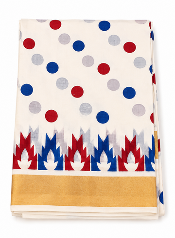 Kerala kasavu saree with red and blue printed design