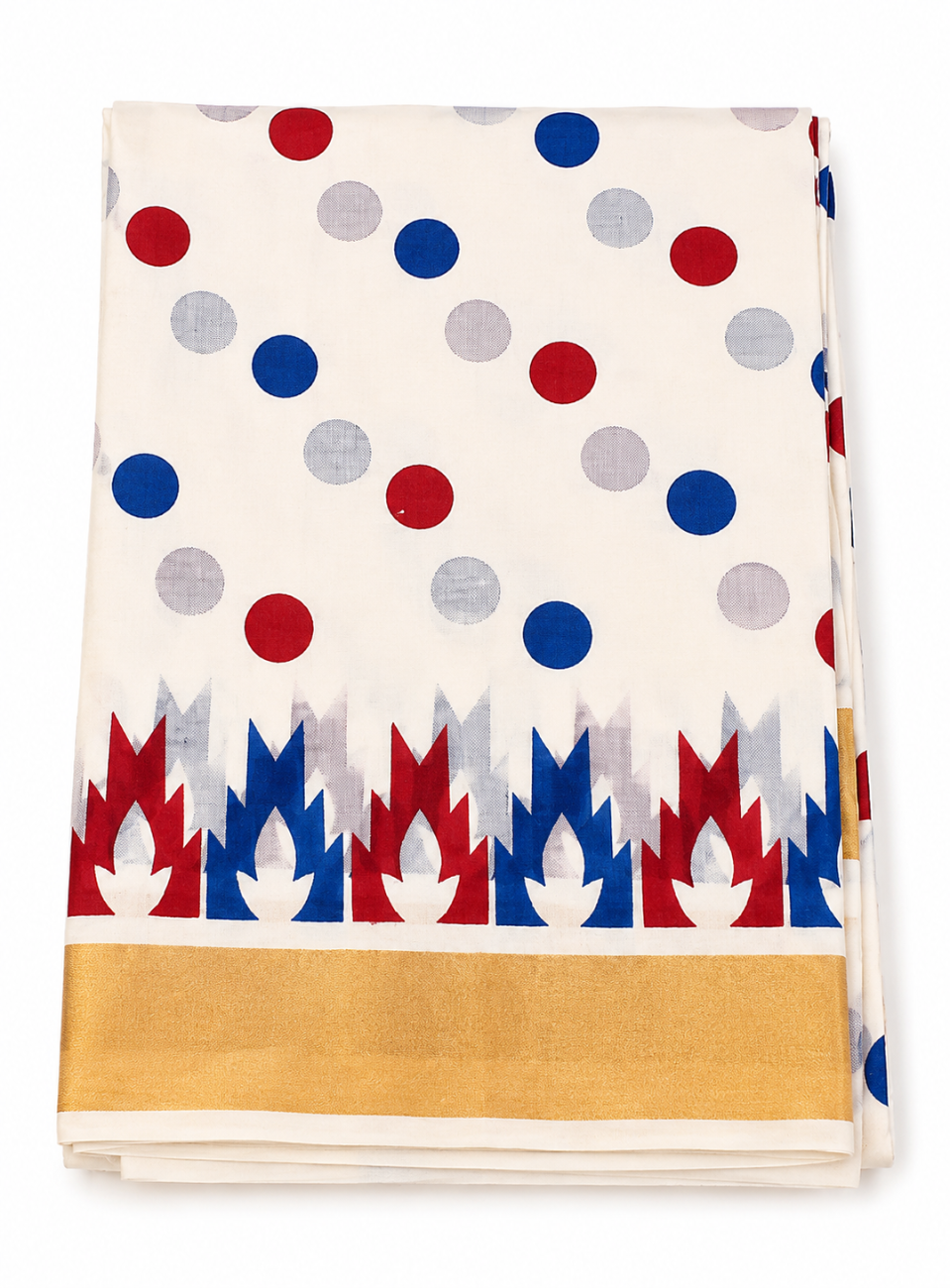 Kerala kasavu saree with red and blue printed design