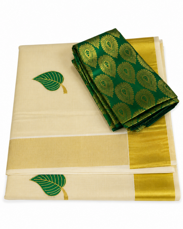 Kerala kasavu tissue saree with red and green leafy embroidery design