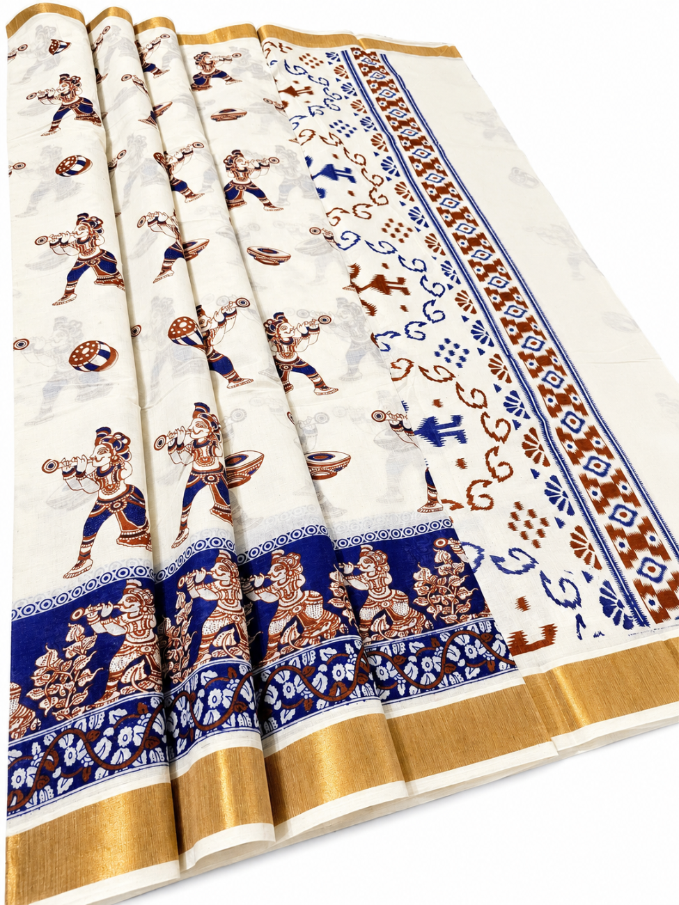 Kerala kasavu saree with blue ands brown ethnic motifs printed saree