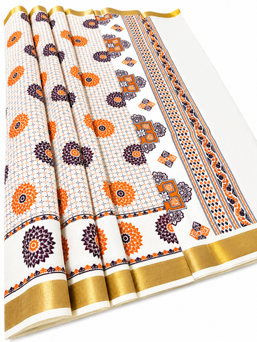 Kerala kasavu saree with floral print design
