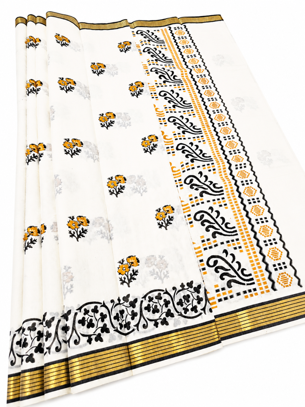 Kerala kasavu saree with black and golden decorative printed design