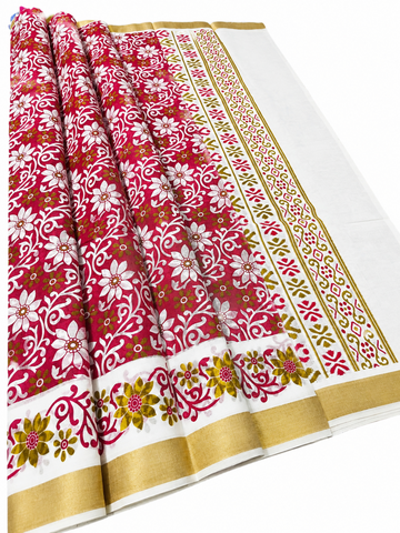 Kerala kasavu saree with red color floral printed design