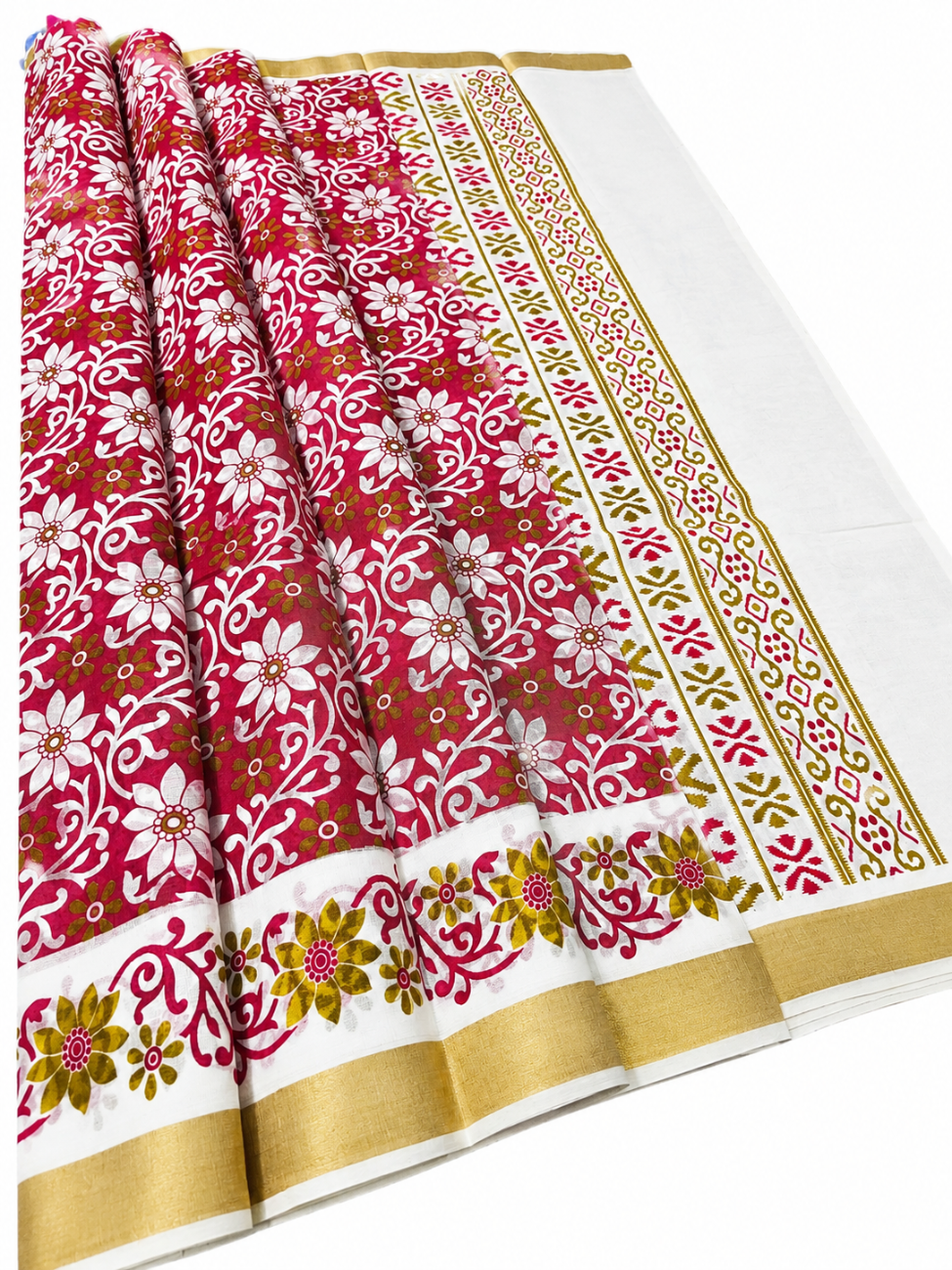 Kerala kasavu saree with red color floral printed design