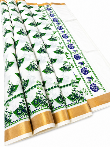 Kerala kasavu saree with green color peacock feather printed design