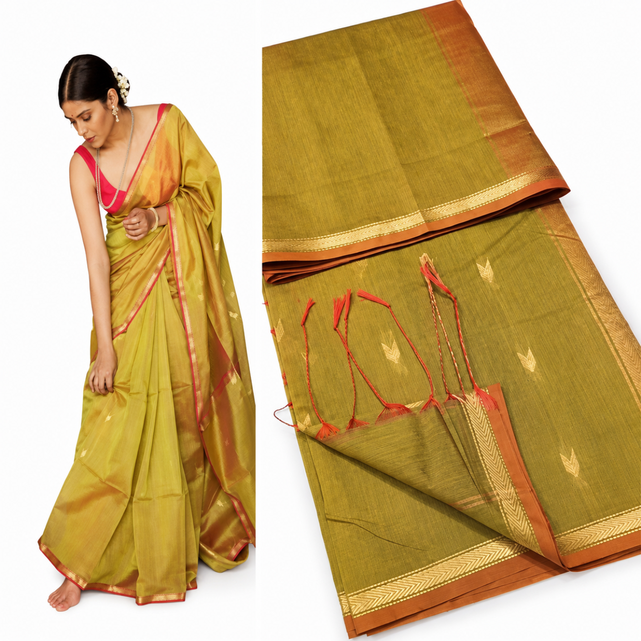 OLIVE GOLD WITH RED BORDER MAHESWARI COTTON SAREE
