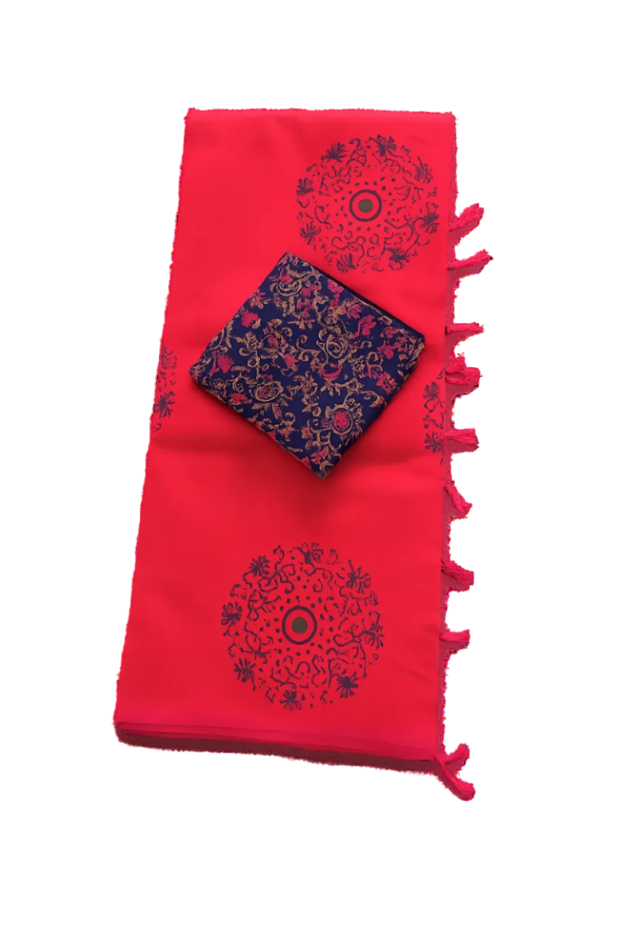 CORAL PINK WITH NAVY BLUE SOUTH COTTON SAREE