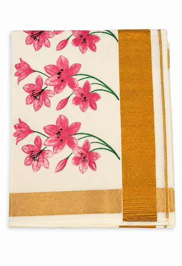 KERALA KASAVU SAREE WITH PINK FLORAL PRINT
