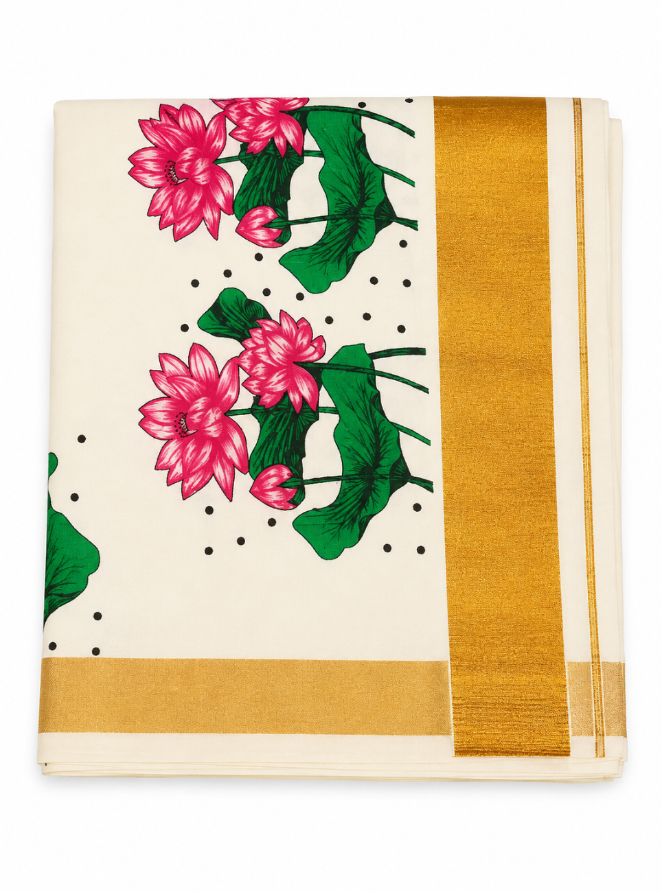 KERALA KASAVU SAREE WITH PINK LOTUS FLORAL PRINT DESIGNS