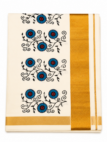 KERALA KASAVU SAREE WITH BLUE COLOR FLORAL PRINT DESIGNS