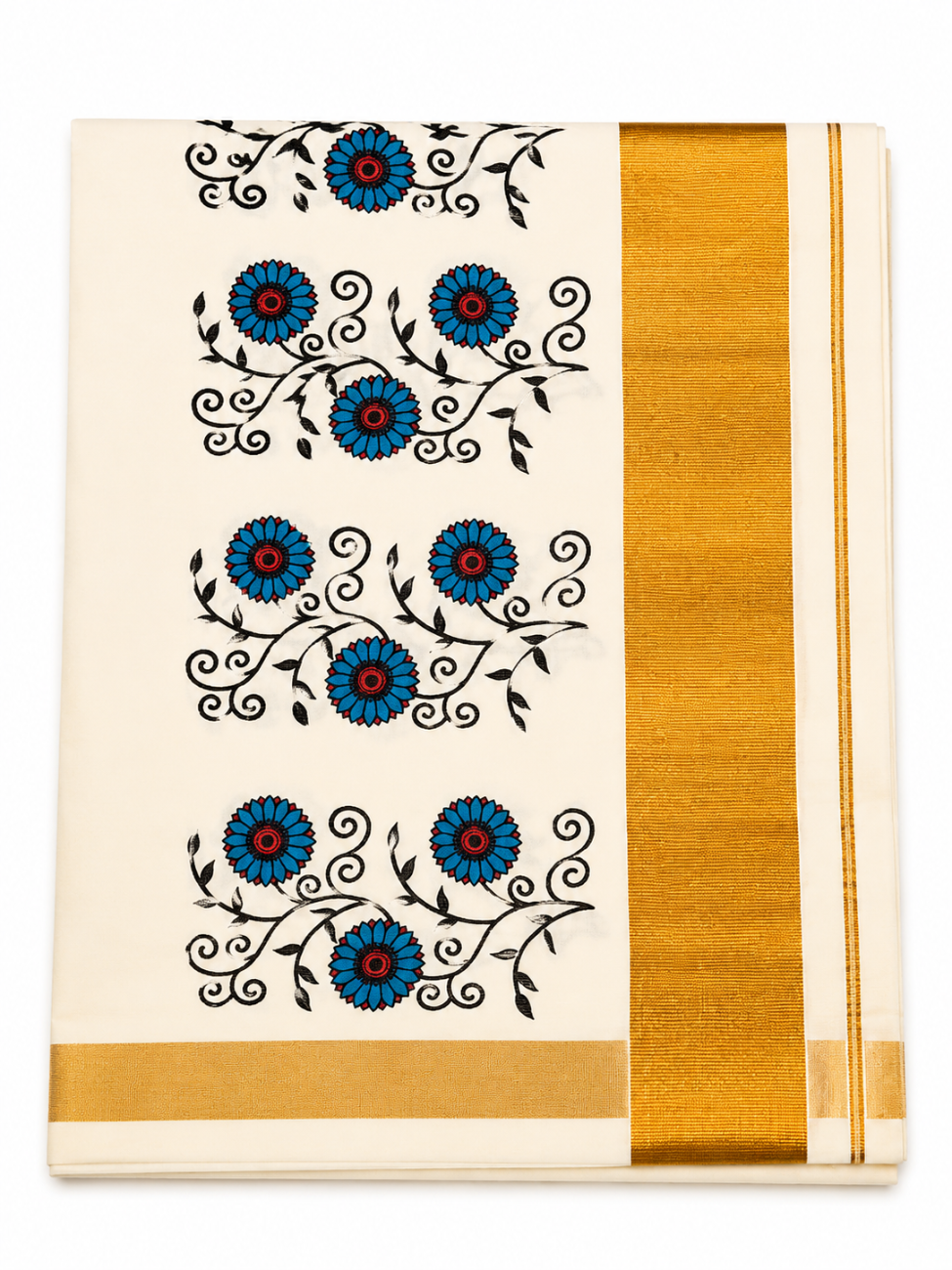 KERALA KASAVU SAREE WITH BLUE COLOR FLORAL PRINT DESIGNS