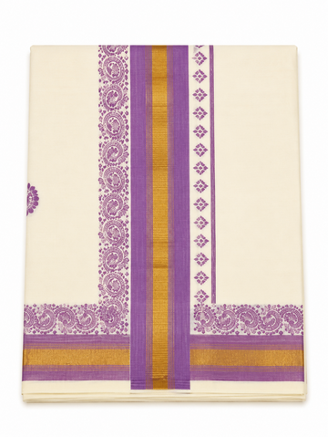 KERALA KASAVU SAREE WITH LAVENDER COLOR DESIGNS