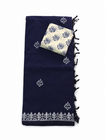 NAVY BLUE WITH WHITE PRINTED SOUTH COTTON SAREE