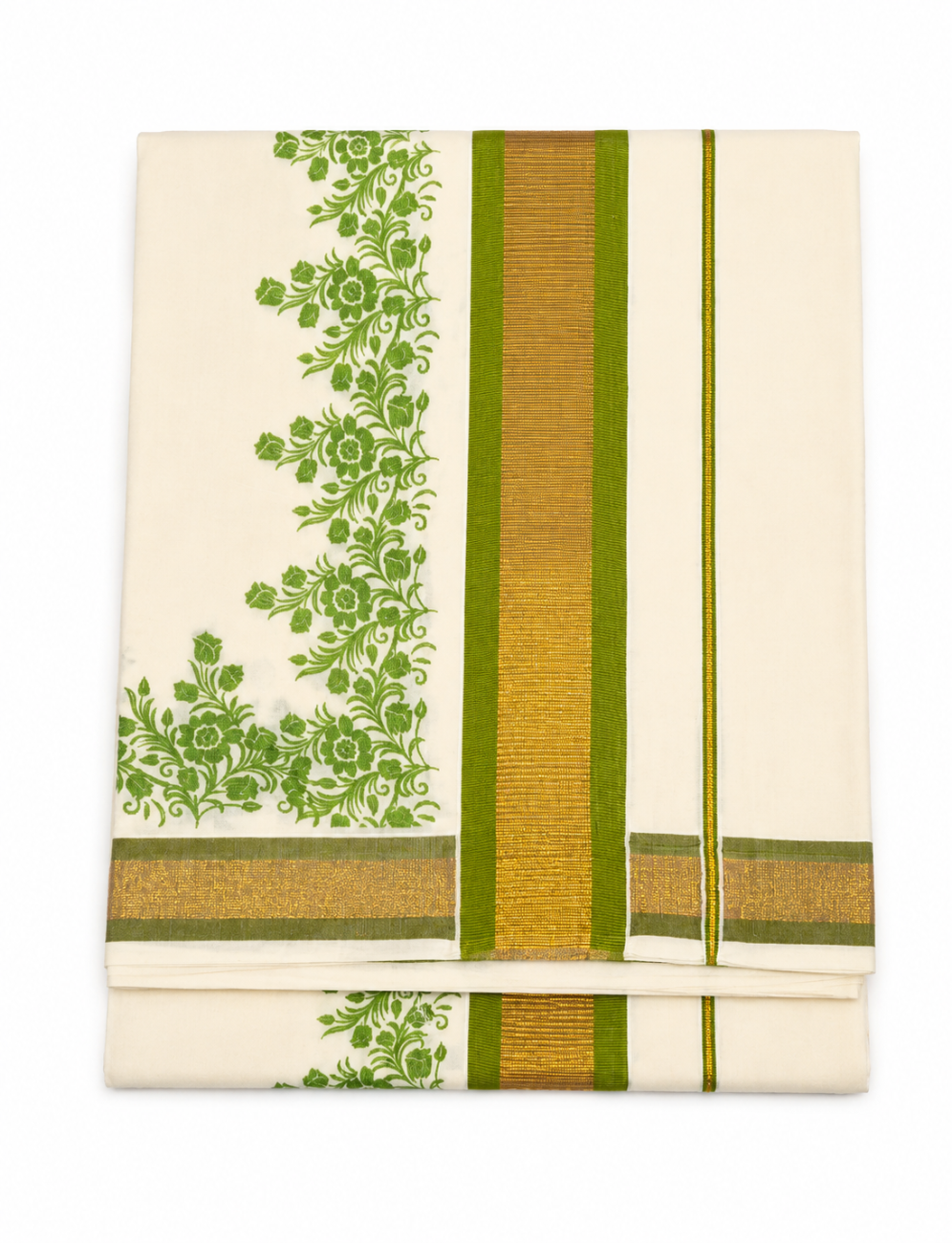 KERALA KASAVU COTTON SAREE WITH LIGHT GREEN FLORAL PRINT DESIGN