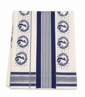 KERALA KASAVU COTTON SAREE WITH NAVY  BLUE COLOR PEACOCK MOTIFS PRINTED DESIGN