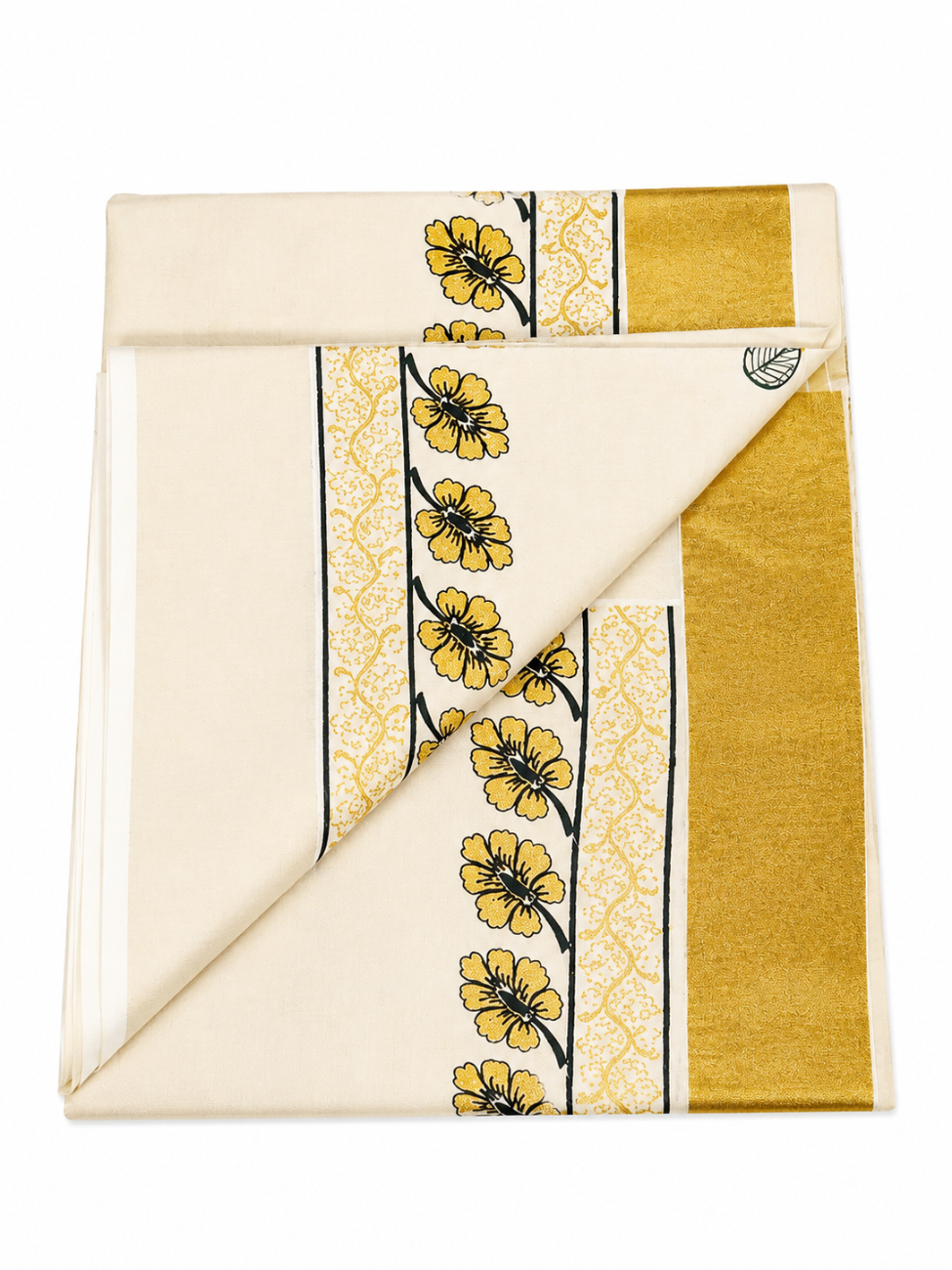 KERALA KASAVU TISSUE SAREE WITH GREEN COLOR EMBROIDERY DESIGNS