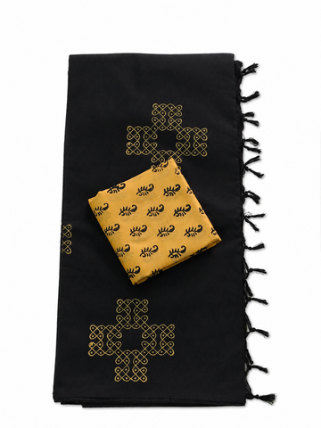 BLACK WITH CREAM COLOR PRINTED SOUTH COTTON SAREE