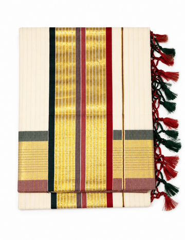 KERALA KASAVU SAREE WITH MAROON AND DARK GREEN CONTRAST COLOR