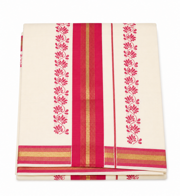 Kerala kasavu cotton saree with magenta color printed designs