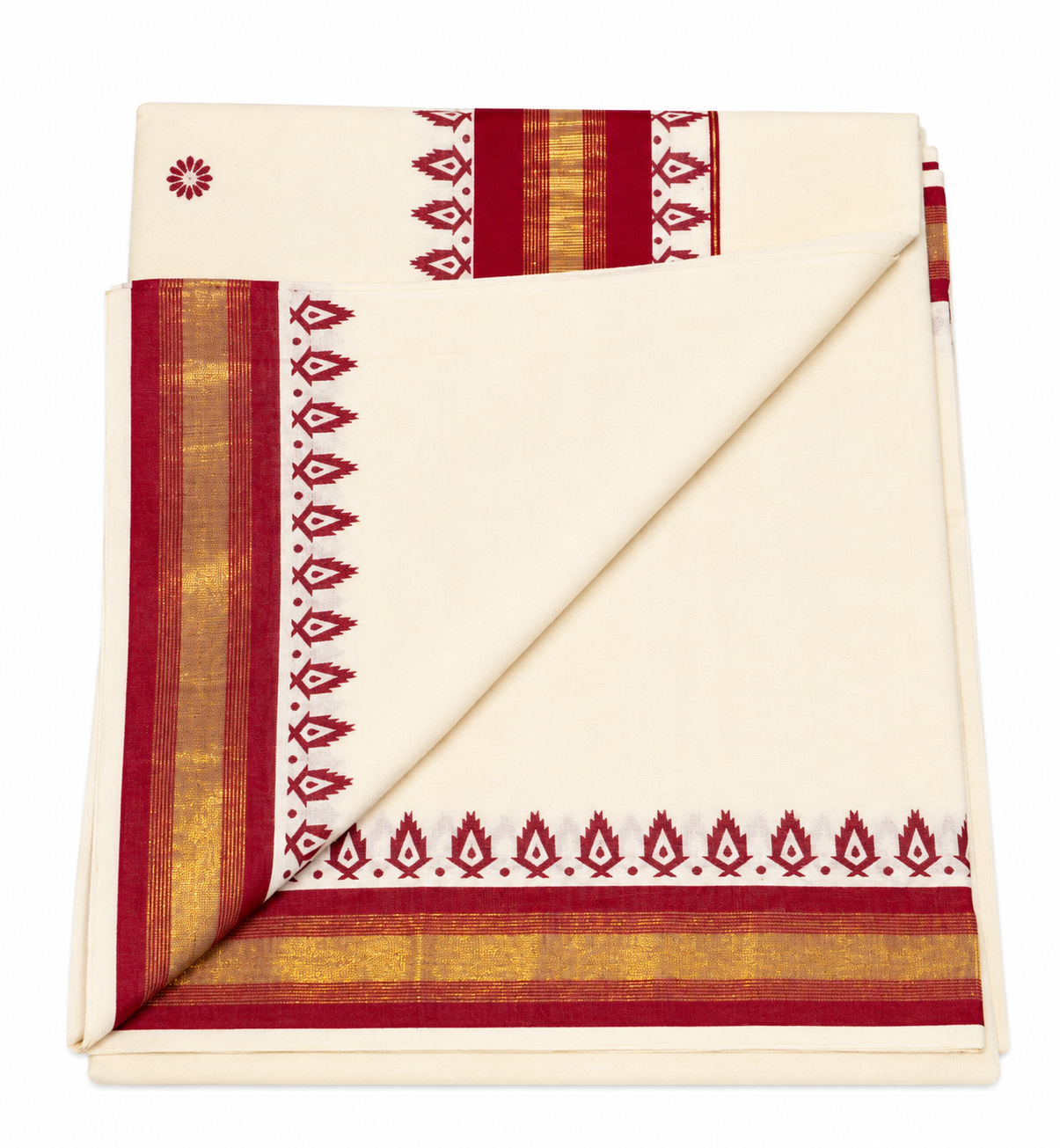 kerala Kasavu saree with maroon color printed designs