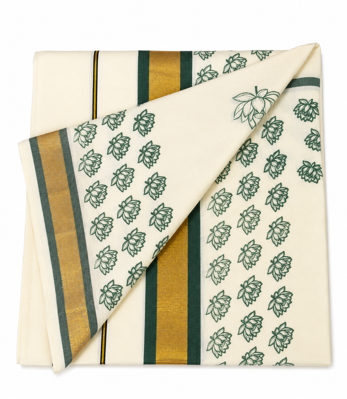 KERALA KASAVU COTTON SAREE WITH GREEN COLOR LOTUS PRINT DESIGN