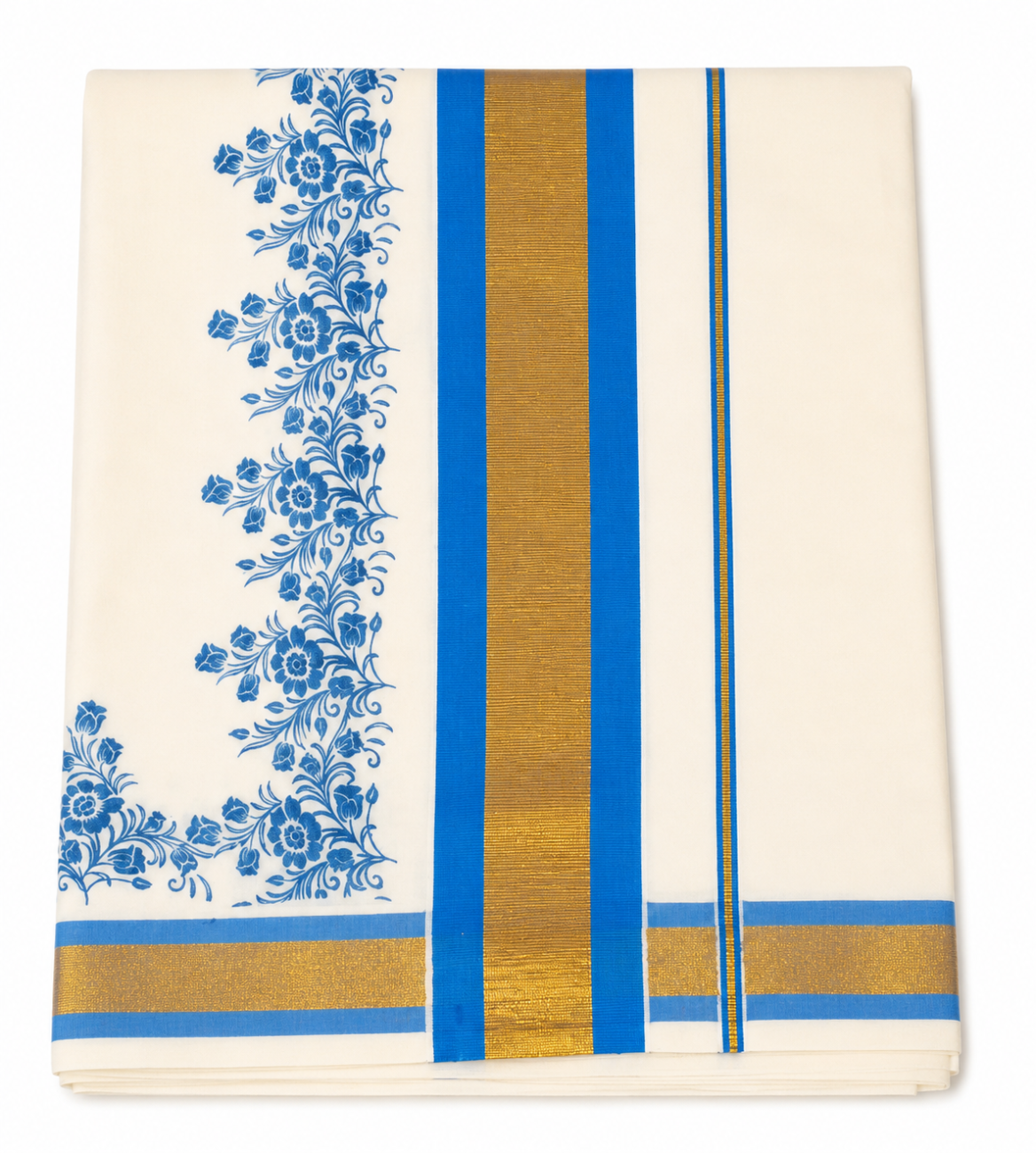 KERALA KASAVU SAREE WITH SKY BLUE COLOR FLORAL DESIGN