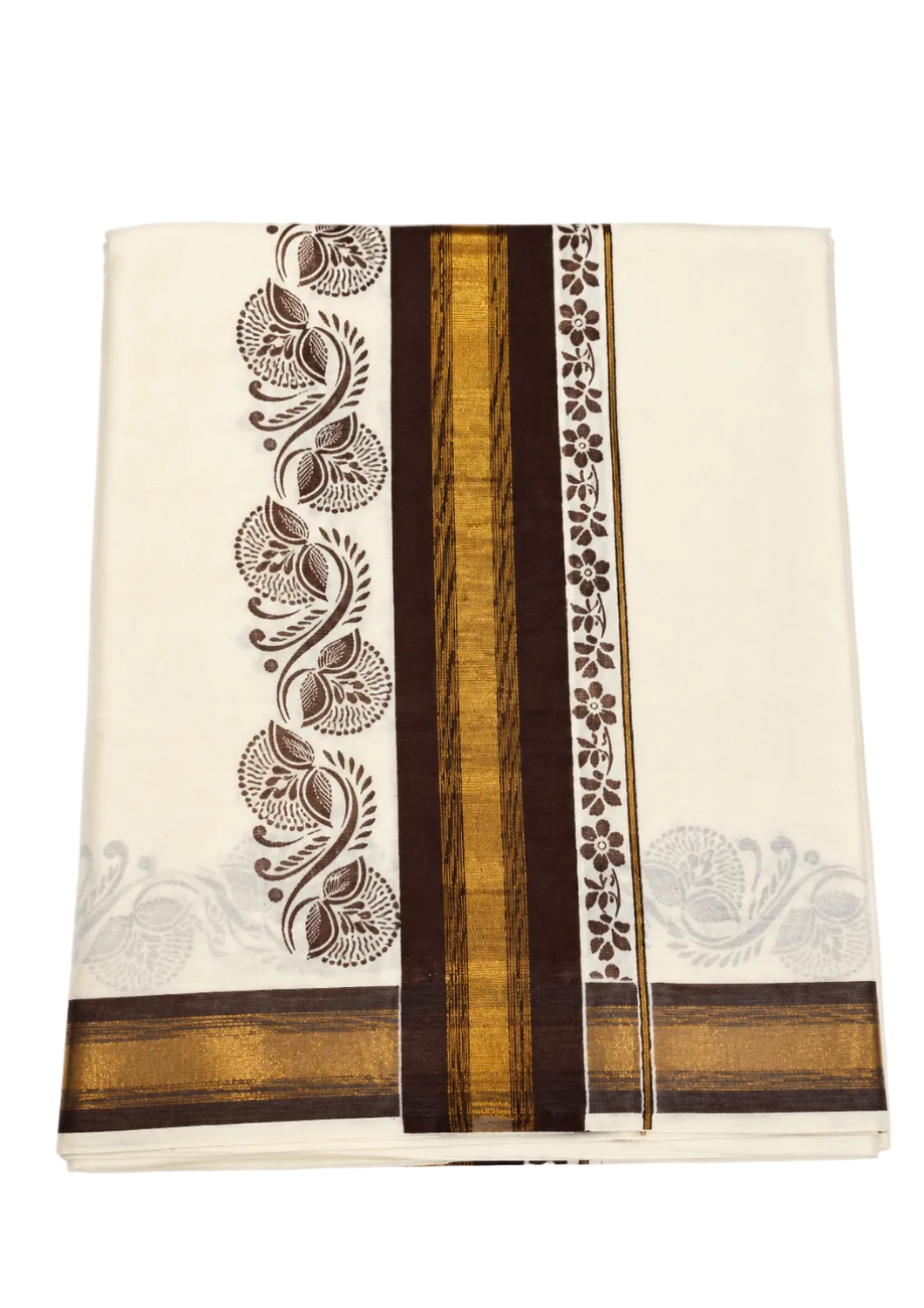Kerala kasavu saree with brown color floral print designs