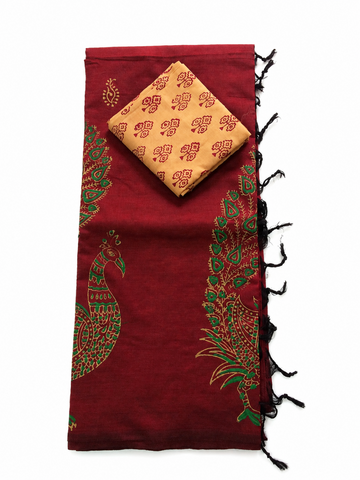 Maroon color with green printed south cotton saree with sandal color blouse piece