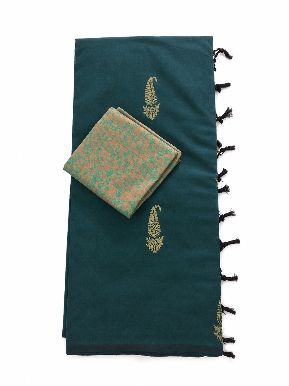 Teal blue with beige printed south cotton saree with beige color blouse piece