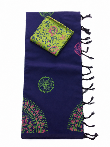 Navy blue with multi color printed south cotton saree with pista green blouse piece