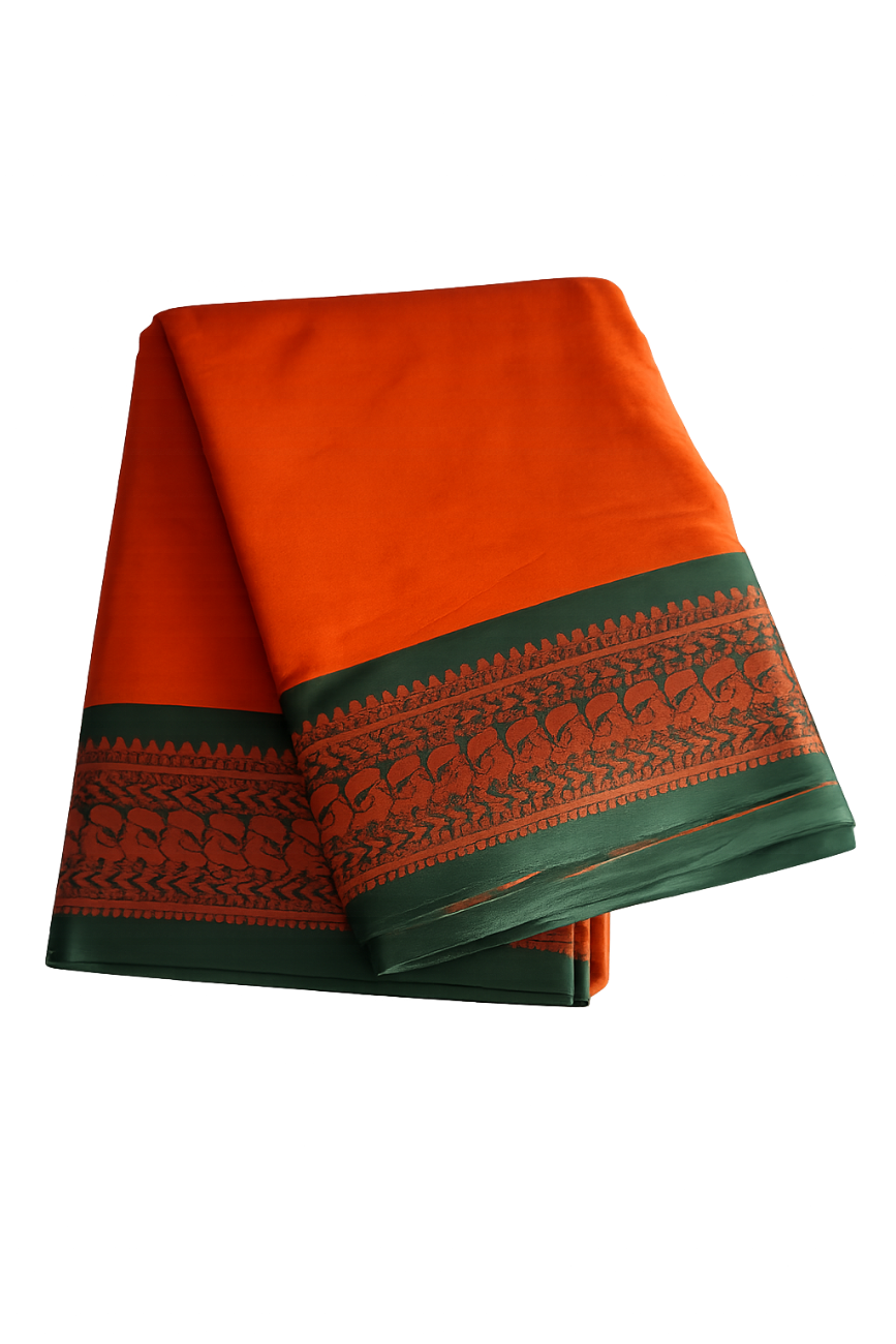 BRIGHT ORANGE WITH DEEP GREEN WITH COPPER ZARI TRADITIONAL MOTIF KALYANI SILK SAREE