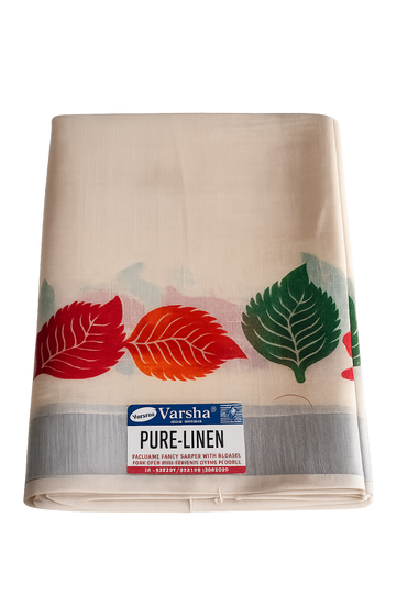 CREAM COLOR WITH MULTI COLOR LEAF PRINTED PURE LINEN SAREE