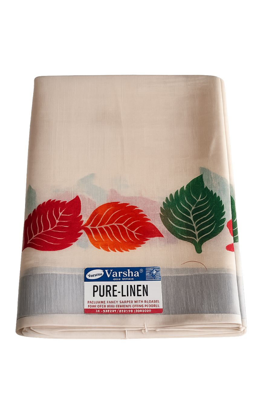 CREAM COLOR WITH MULTI COLOR LEAF PRINTED PURE LINEN SAREE