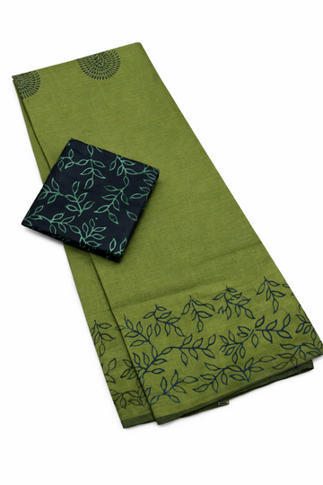 OLIVE GREEN AND DARK GREEN LEAFY BLOCK PRINT SOUTH COTTON SAREE