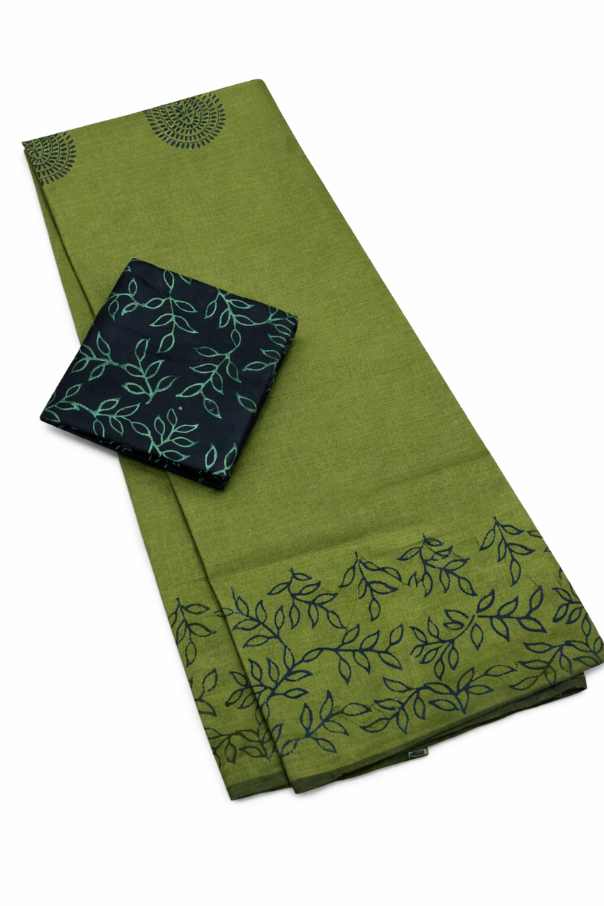 OLIVE GREEN AND DARK GREEN LEAFY BLOCK PRINT SOUTH COTTON SAREE