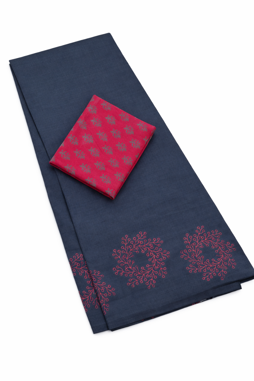 DEEP NAVY BLUE WITH DELICATE PINK FLORAL MOTIFS SOUTH COTTON SAREE