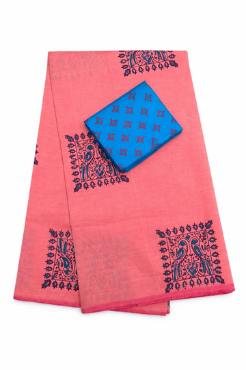 PEACH WITH NAVY BLUE TRADITIONAL BLOCK PRINT SOUTH COTTON SAREE