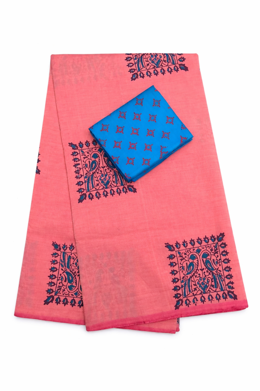 PEACH WITH NAVY BLUE TRADITIONAL BLOCK PRINT SOUTH COTTON SAREE