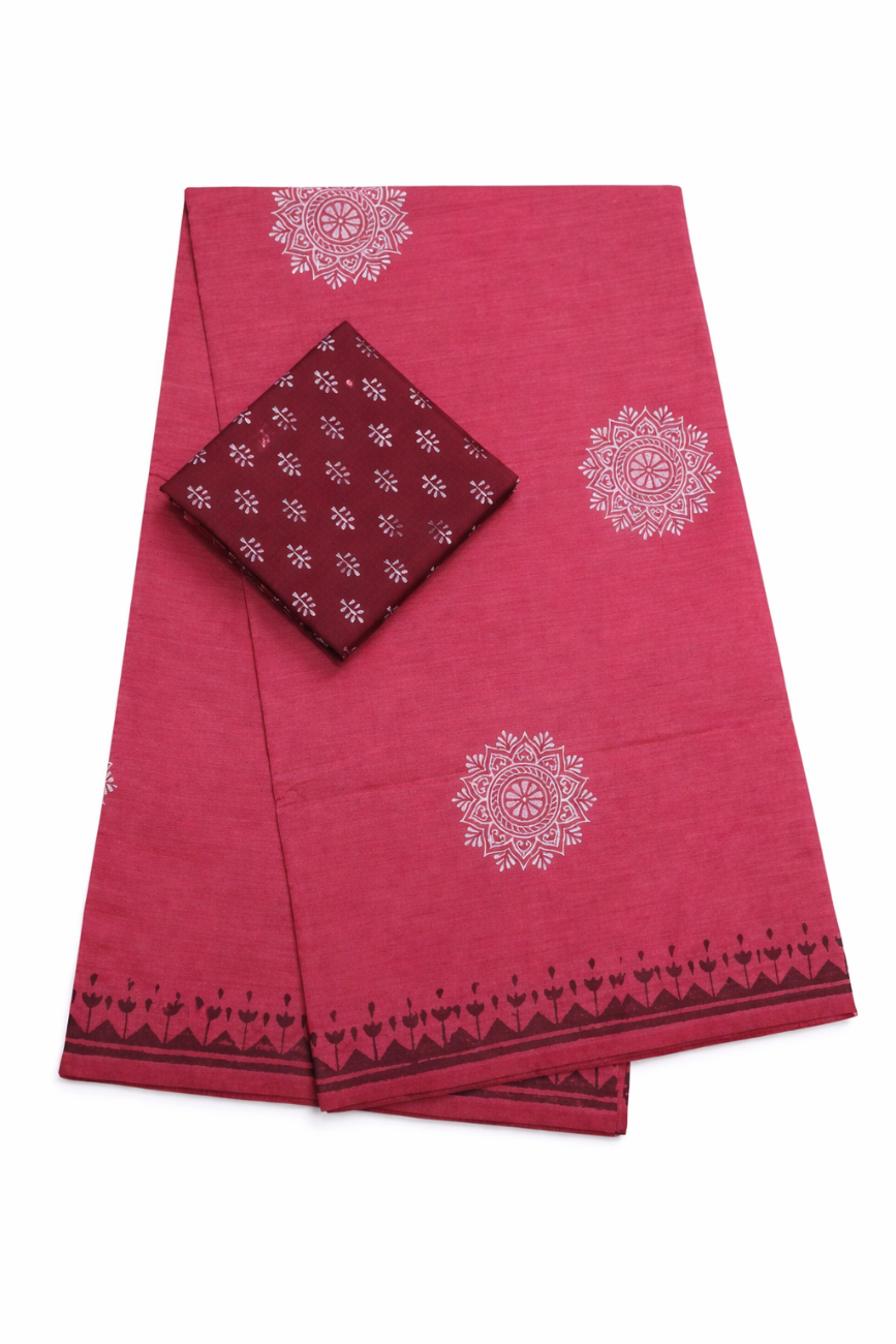 LIGHT MAROON WITH MANDALA STYLE BLOCK PRINT SOUTH COTTON SAREE