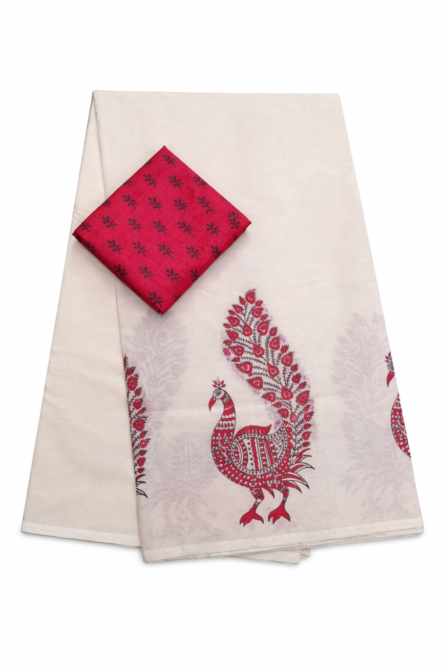 OFF WHITE WITH TRADITIONAL RED PEACOCK MOTIFS SOUTH COTTON SAREE