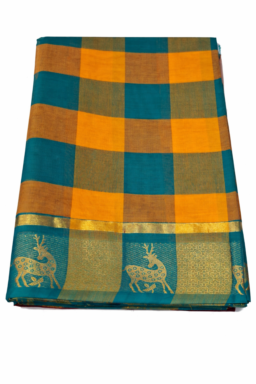 GREEN AND MUSTARD YELLOW HANDLOOM CHETTINADU COTTON SAREE